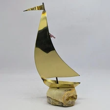 Vintage MCM Brutalist Brass Sailboat Ship Sculpture w/ Marble Base Signed