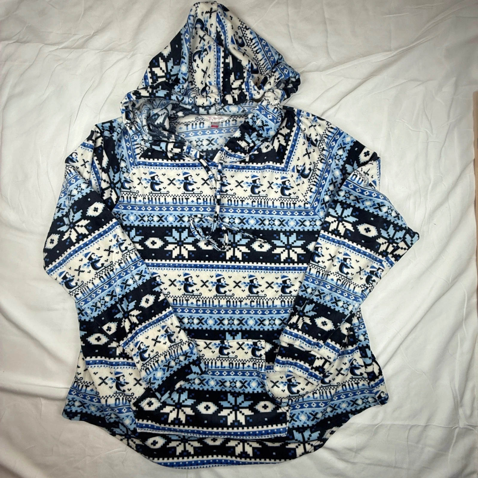 No Boundaries 3XL Blue Chill Out Penguin Fair Isle Fleece Hoodie