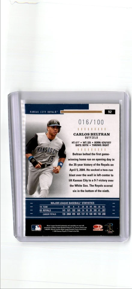 2004 Donruss Throwback Threads Carlos Beltran 016/100 Kansas City Royals #92 - Image 2 of 2