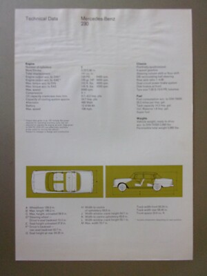 MERCEDES BENZ 230 SALOON orig 1965 UK Mkt Technical Data & Equipment Leaflet