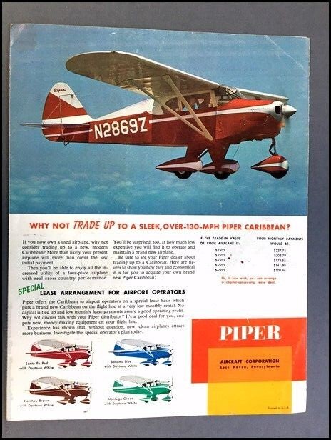 1960 Piper Caribbean Airplane Aircraft Vintage Sales Brochure