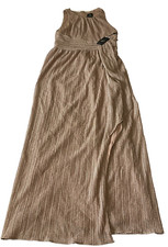Adrianna Papell Pleated Gown Dress Womens Size 12 Metallic Champagne Sleevless