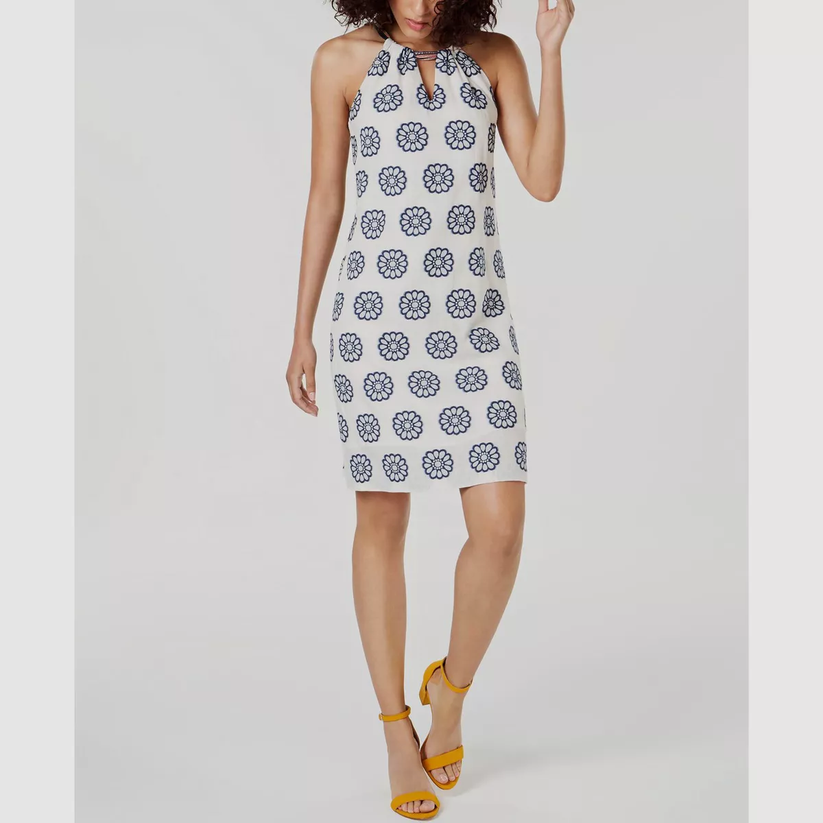 298 Trina Turk Women White Blue Floral Halter Neck Sleeveless