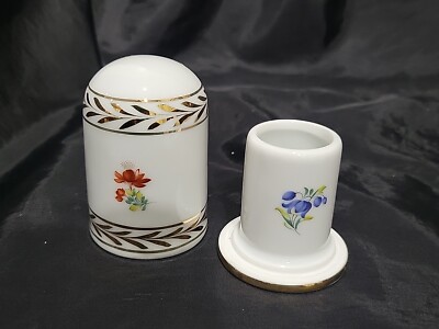 Vintage KPM HAND PAINTED FLOWERS &GOLD TOOTHPICK HOLDER W/COVER MARKED