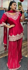 Classic Look Pure Chinnon Silk Red Top Palazzo With Dupatta For Reception Wear