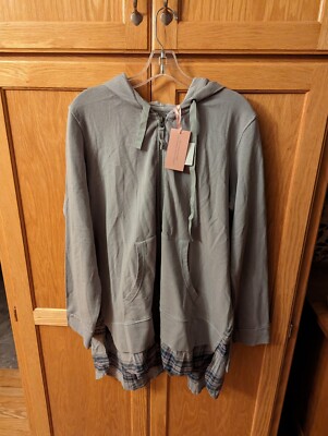 EVY'S TREE THE BRYONY HOODED GREY SWEATSHIRT WITH PLAID ACCENT BOTTOM XL