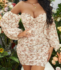 Off Shoulder Floral Print Chiffon Bodycon Dress Size XS