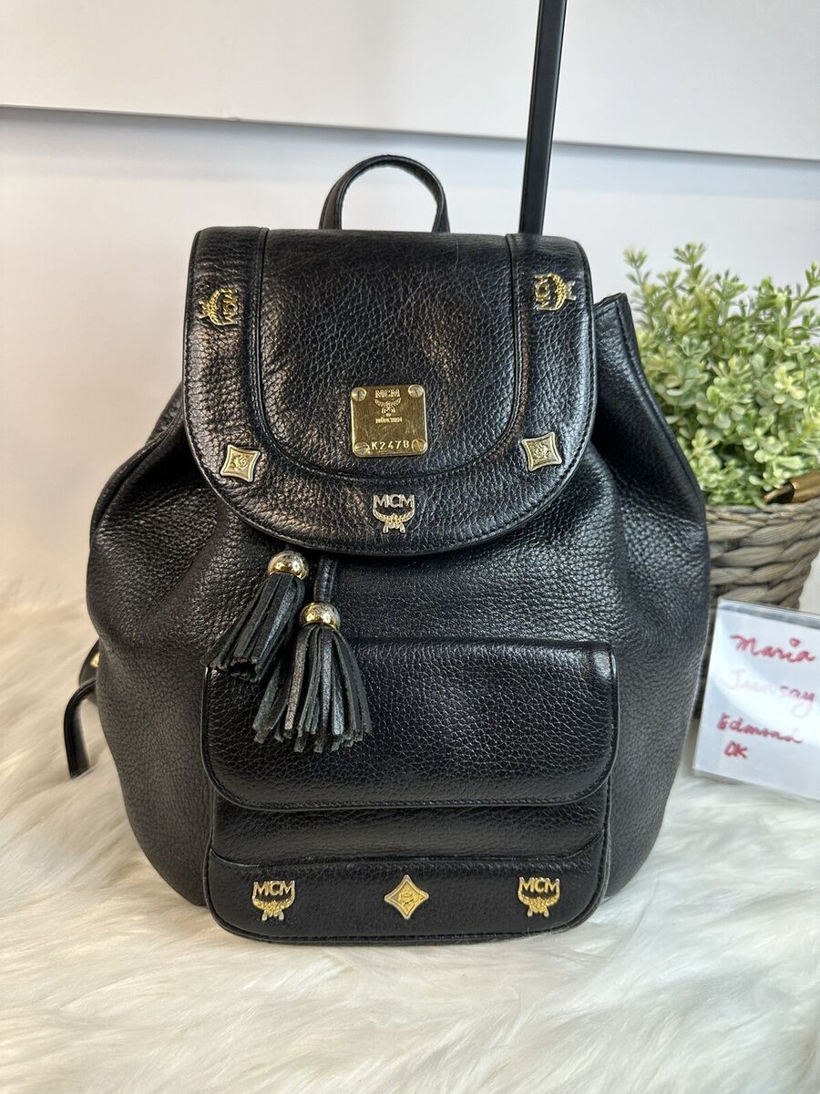 Preowned- Vintage 1991 MCM Black Leather Golden Studded Preowned- Vintage 1991 MCM Black Leather Golden Studded