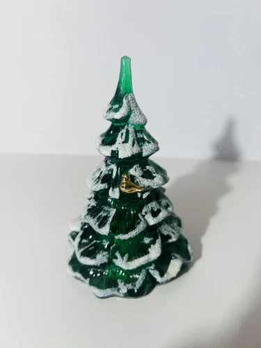 Fenton Glass Green Christmas Tree Flocked Snow Gold Bird