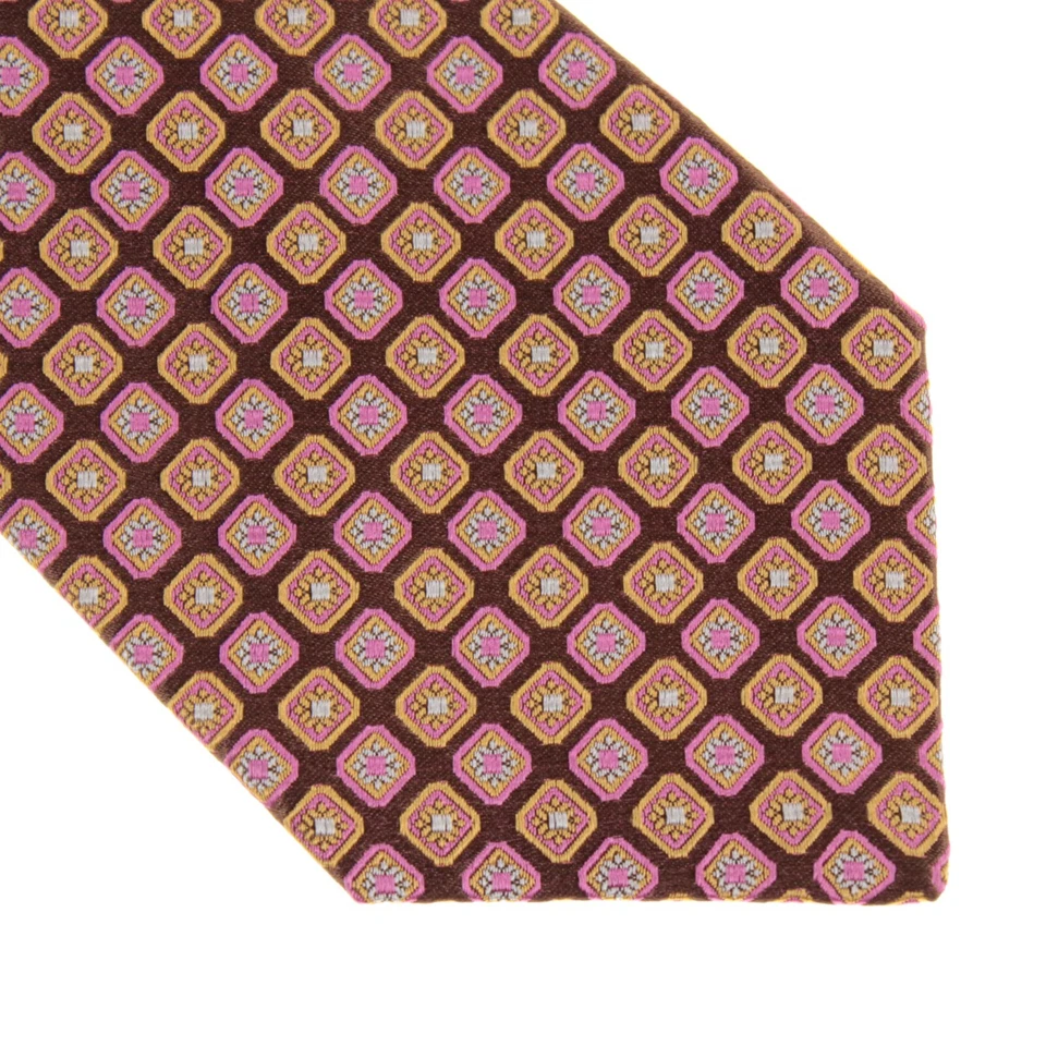 Corbata Kiton nueva sin etiquetas 100 % seda siete pliegues en marrón con formas amarillo dorado/rosa Foto 2 de 4