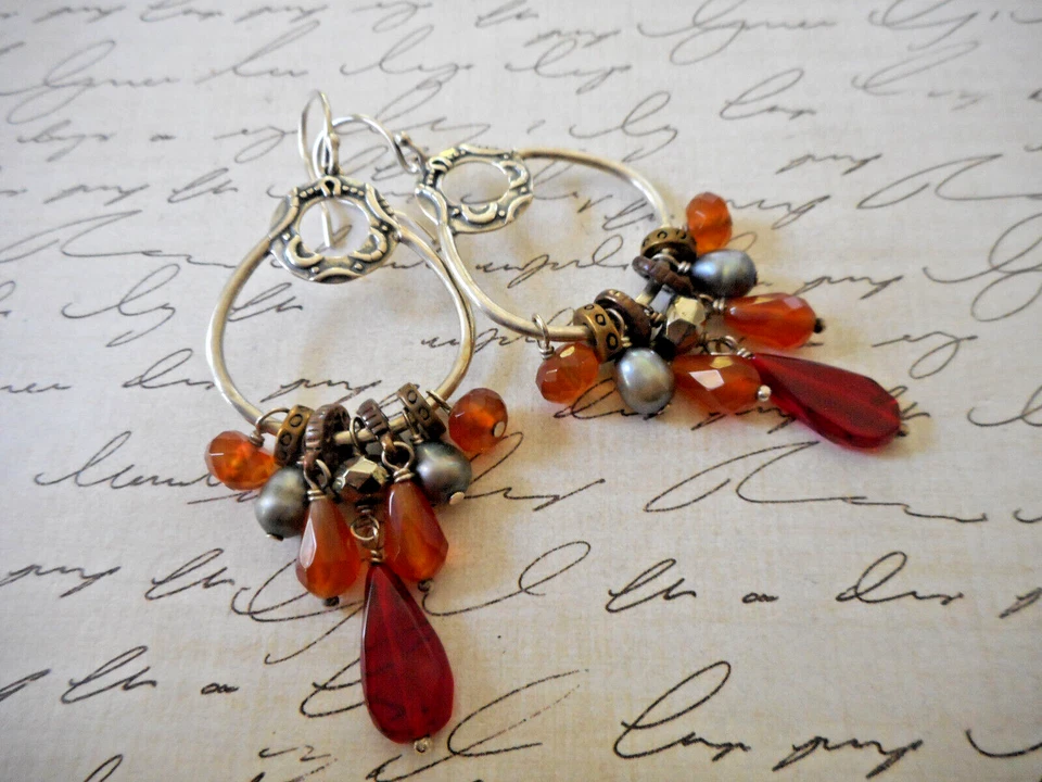 W2420 Sterling Copper Silpada Red Radiate Glass Pearl Pyrite Earrings RE39 - Image 3 of 4