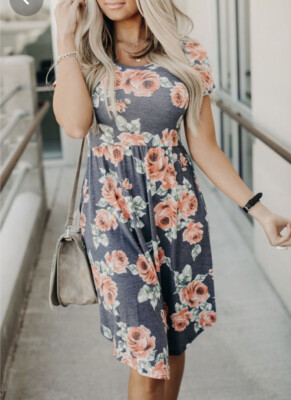 7Th Ray Womens Blue Floral Short Sleeve Midi Dress Size Small