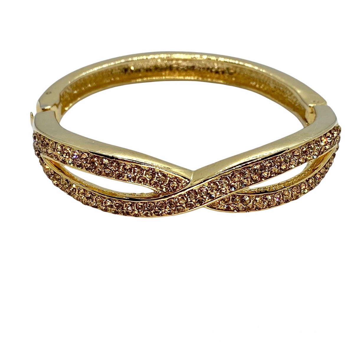 Vintage 1980s Yellow Rhinestone Infinity Hinged Bangle Goldtone