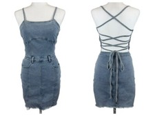 Celebrity Blue Mini Denim Dress Body Con Cross Laced Open Back Size Small