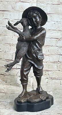 100%  Solid Bronze Metal Statue on Marble Base Young Farm Boy & His Sheep Sale