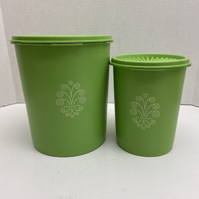 Vintage Tupperware Apple Lime Green Canister Set/Lids 2 Canisters