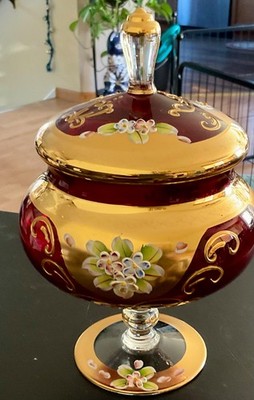 Vintage Bohemian Glass Ruby Red Hand Painted Covered Compote