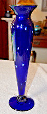 1994 LUNDBERG STUDIOS IRIDESCENT COBALT STARRY NIGH TRUMPET VASE  LARGE 13.75"