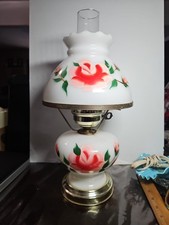 Vintage Gone with the Wind Glass Hurricane Lamp Milk Glass Pink Red Flowers 16”
