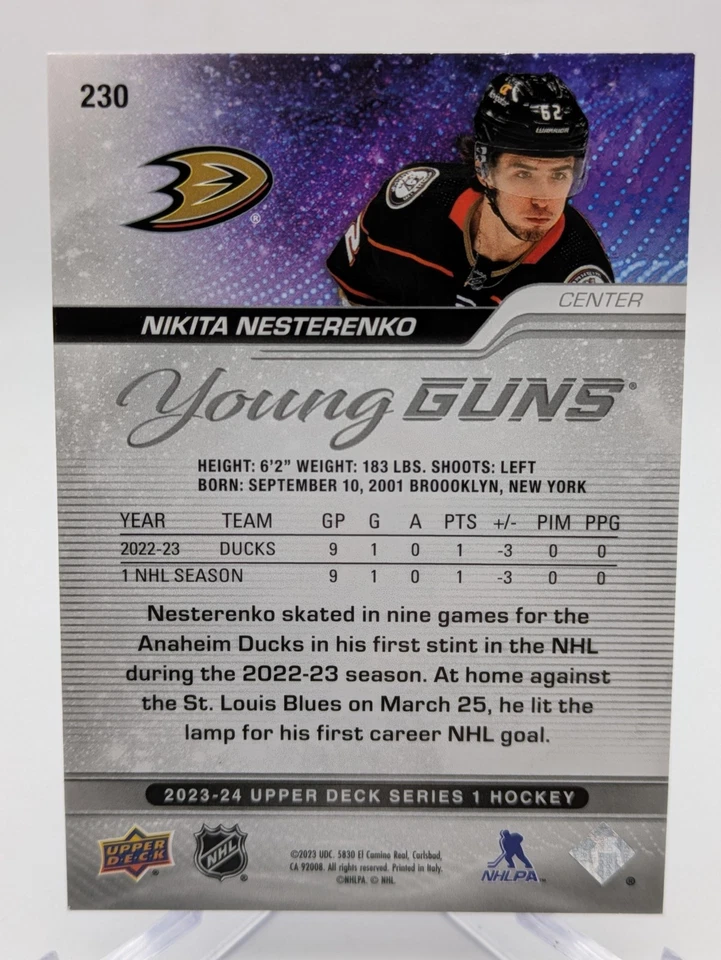 💥 2023-24 UD Series 1 Hockey Young Guns 230 Nikita Nesterenko Rookie; Ducks - Image 2 of 2