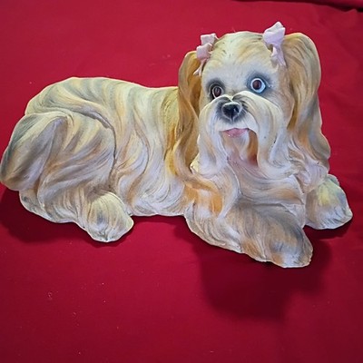MEDIUM HAND PAINTED VINTAGE WOOD SHIH TZU WITH ''PINK BOW'' DOG STATUE FIGURE 