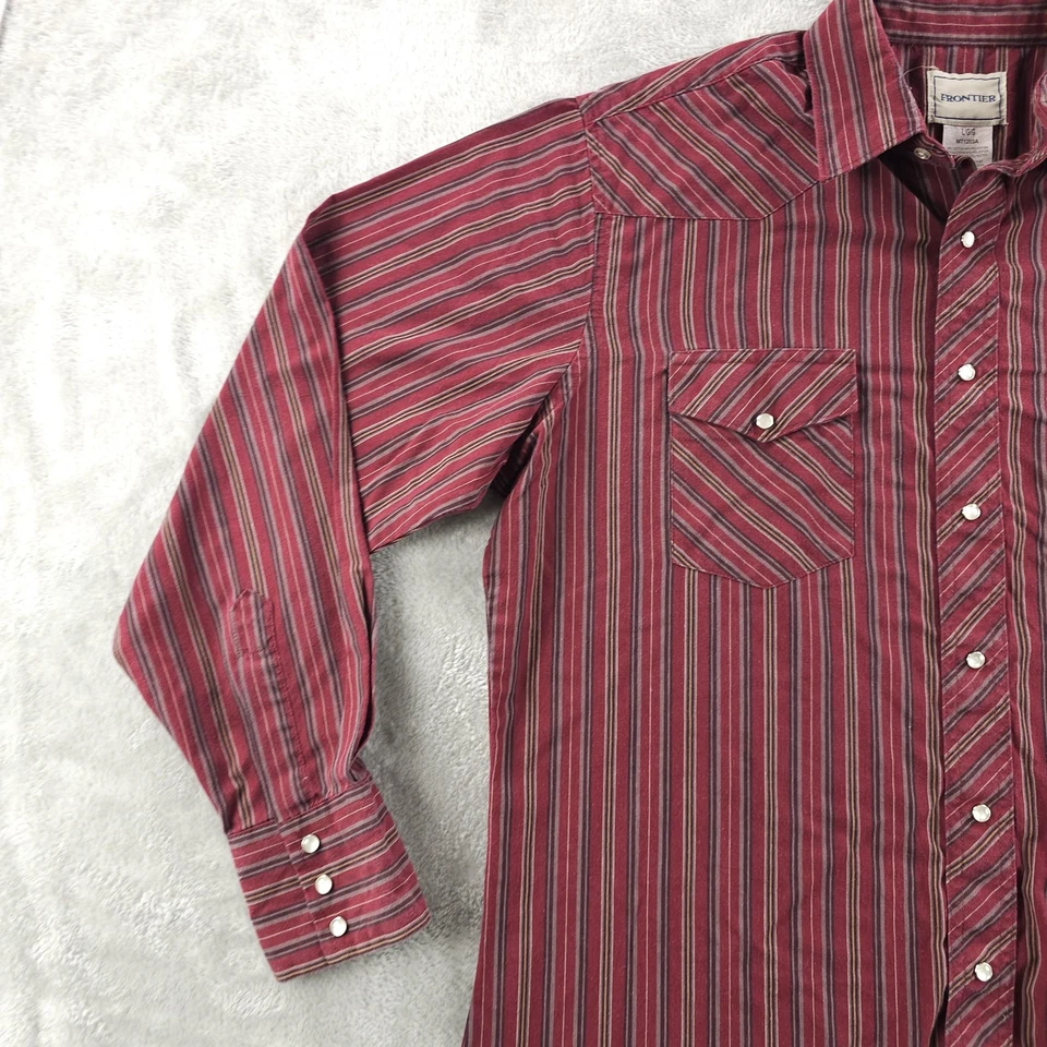 Frontier Western Shirt Mens Large Red Stripe Pearl Snap Cowboy Long Sleeve Yoke - Image 4 of 4