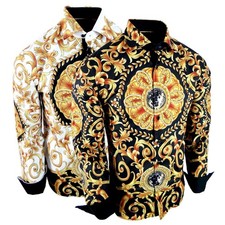 Mens Shirt Luxury Designer Gold Floral Prints Limited Edition Slim Fit Button Up