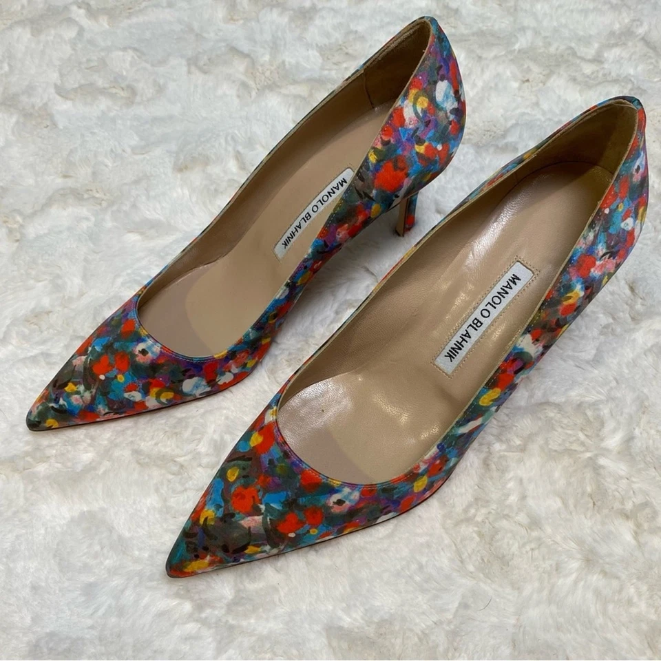 Zapatos de tacón Manolo Blahnik multicolor estampado floral satinado punta talla 39,5 Foto 2 de 4