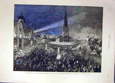 Original Old Antique Print 1887 Queen Visit Birmingham Town Hall Illuminations