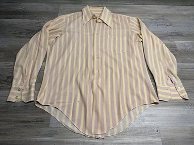Vintage Disco Casual Shirt Retro Pink Yellow Stripe Long Sleeve Dagger Collar
