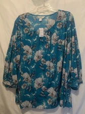 CJ Banks 3X Floral Teal Blue, White & Black Jersey Knit Top, 3/4 Sleeves - NWT