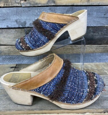 Sven Swedish Clogs 39 Wood Blue Fabric Beautiful Boho Mule