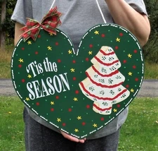 16" Tis the Season Christmas Tree Cake SIGN Door Hanger Plaque Seasonal Wood