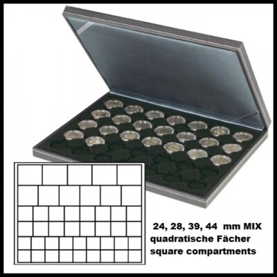 LINDNER 2364-2145CE Nera M Coin Case Black Square Compartments 24 28 39 44mm Mix