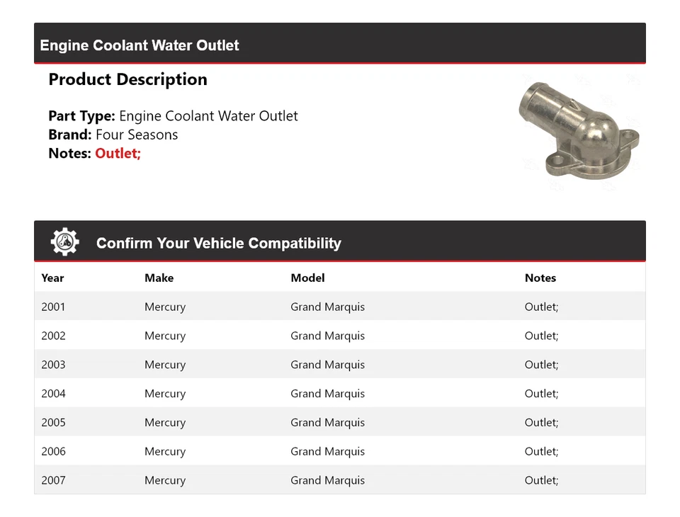 For 2001-2007 Mercury Grand Marquis Engine Coolant Water Outlet 4 Seasons 2002 - Image 2 of 4