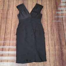 Adrianna Papell Dress Womens 6 Black Satin Shutter Pleat Sheath Sleeveless Midi