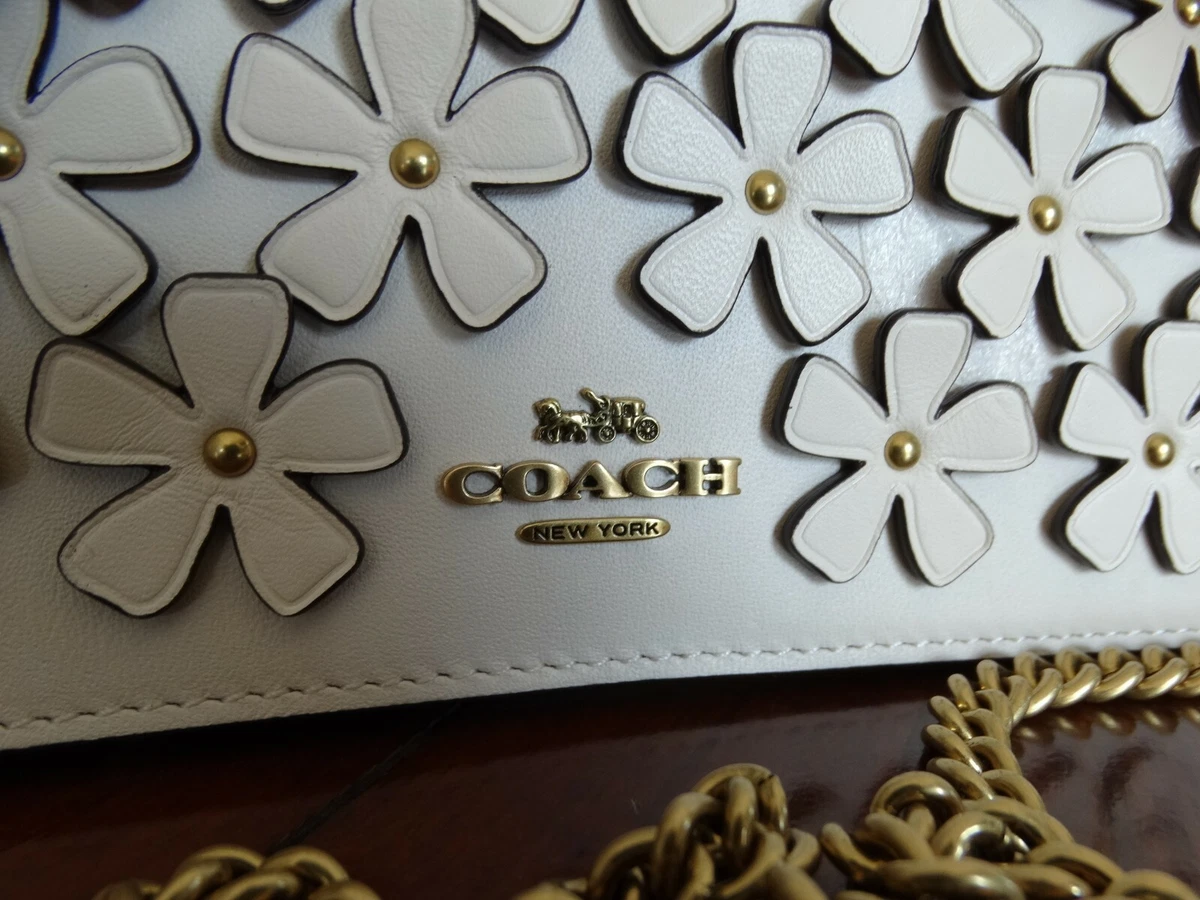 COACH Callie Foldover Glovetanned Leather chain clutch with floral applique 835