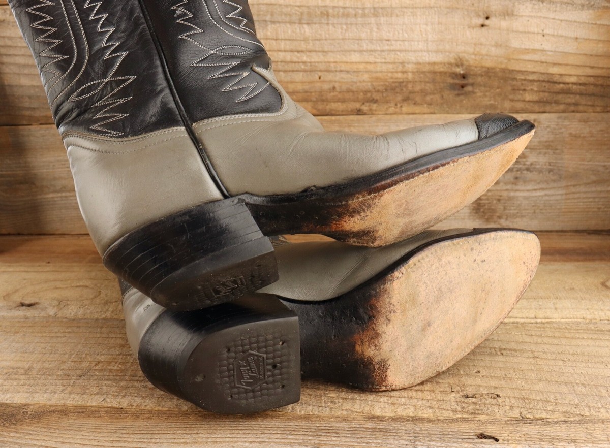 靴 vintage tony lama gray long boots Vintage Tony Lama Gray & Black Cap Toe Cowboy Boots Size 9.5