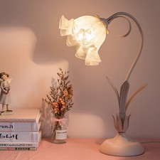 Pink Flower Bedside Lamp Tiffany LED Table Lamp Glass Shade for Bedroom Desk USA