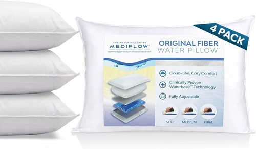 Mediflow Fiber Water Pillow -Adjustable Bed Pillow Comfort & Support (4 Pillows)