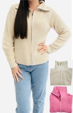 Ex Famous Store Chunky Knit Zip High Neck Ribbed Cardigan Pink Beige Winter Warm