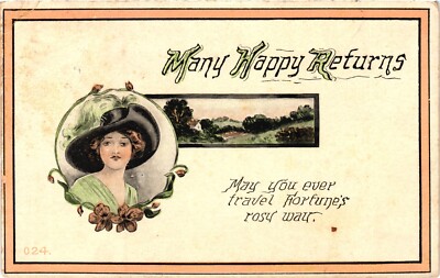 Many Happy Returns Pretty Lady Wears Nice Hat Antique Postcard c1913