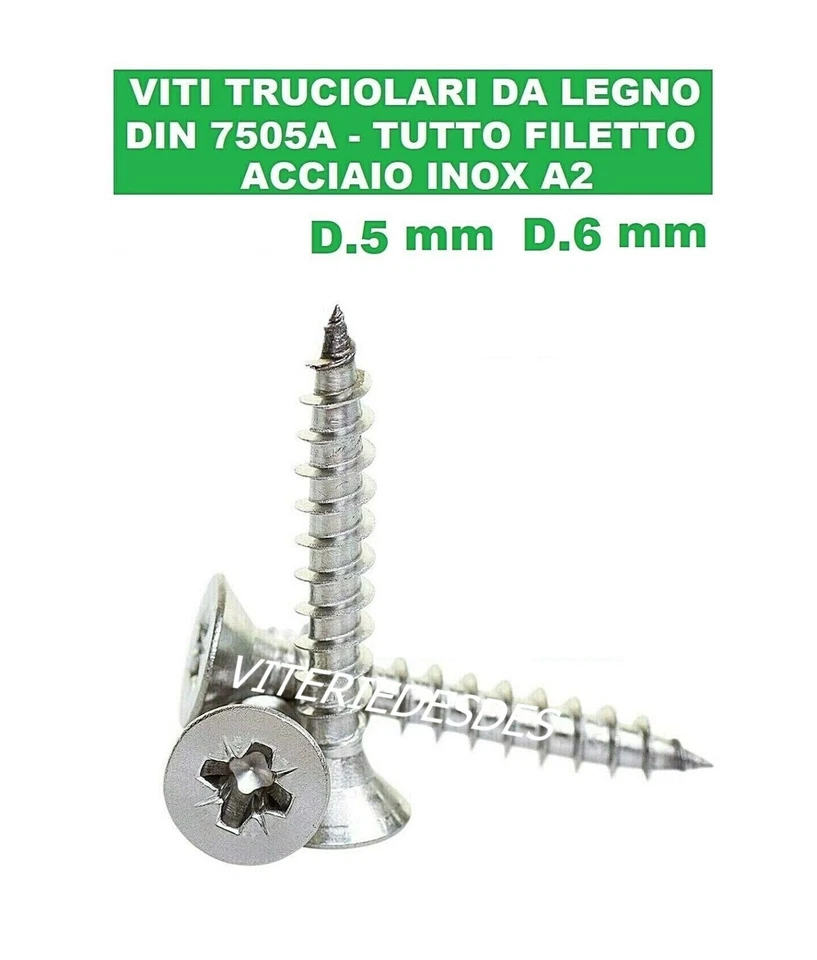 VITI IN ACCIAIO INOX TRUCIOLARI PER LEGNO PLASTICA D. 5mm D. 6mm TESTA SVASATA - Immagine 4 di 4
