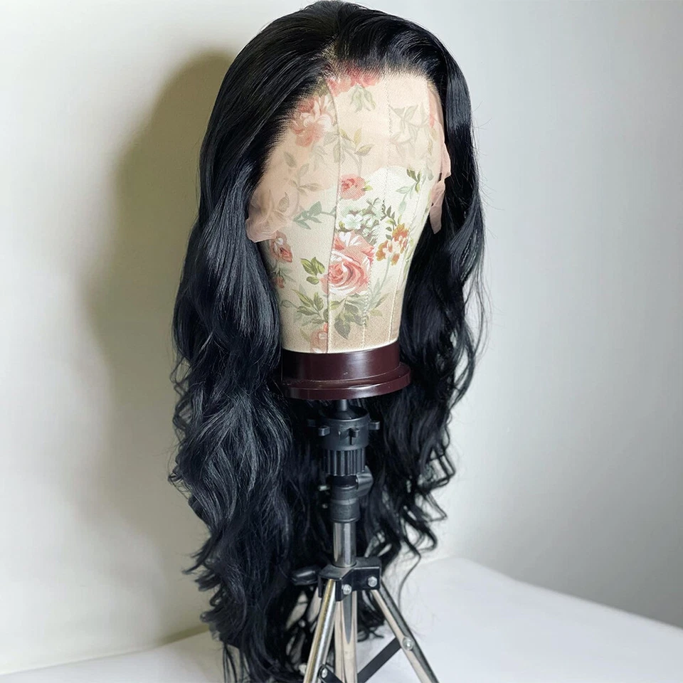 Peluca sintética larga ondulada negra encaje frontal en capas natural Foto 3 de 4