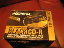 UNBENUTZTE BOX MIT 10 BESCHREIBBAREN MEMOREX SCHWARZEN CDs 700MBJEWEL CASE SPEED12x maximal.