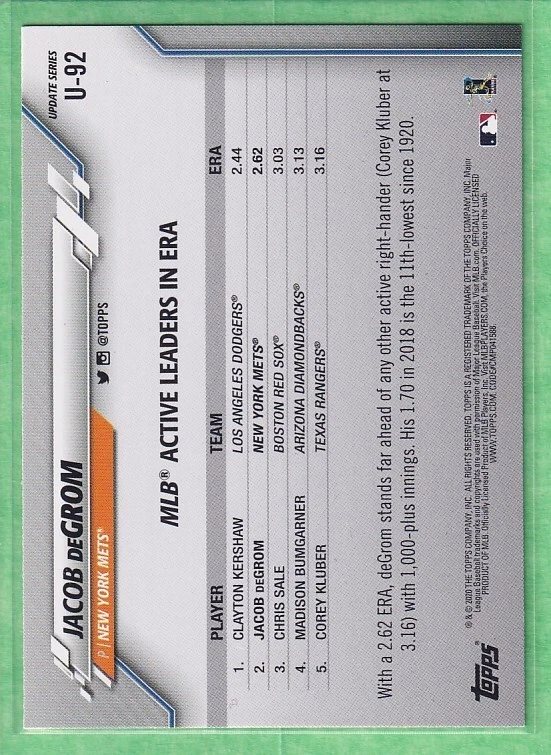 2020 Topps Update Series #U-92 Jacob DeGrom New York Mets Active Leaders - Image 2 of 2