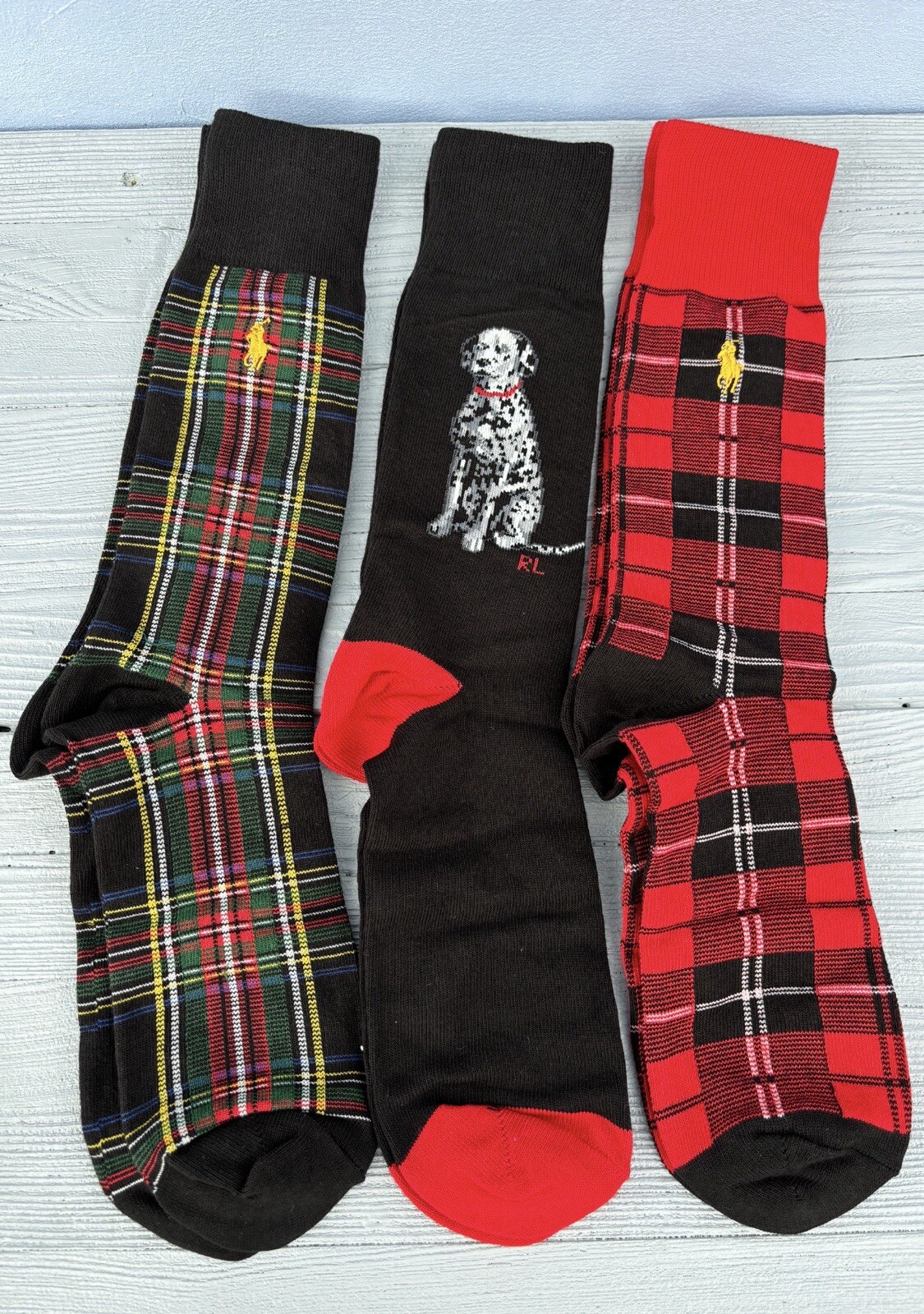 PONY Polo Raulph Lauren uomo confezione da 3 pezzi Calze per equipaggio cani tartan natalizio con confezione regalo