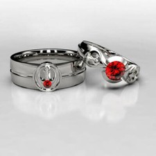 Solid 925 Sterling Silver with Round Ruby Center Anniversary Beautiful Ring Set