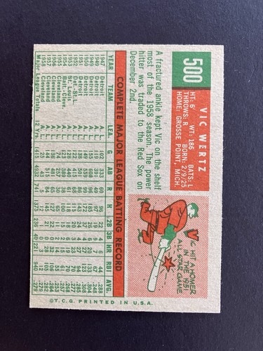 1959 TOPPS # 500 VIC WERTZ - BOSTON RED SOX - NM-MT OR BETTER - Afbeelding 2 van 2