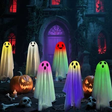Halloween Ghost Pathway Lights with Stakes, 6PCS Solar Colorful Light Ghost Deco